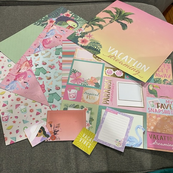 Vacation Vibes Paper pad Scarpbooking Pages flamingo palms bathing suits - Picture 1 of 15